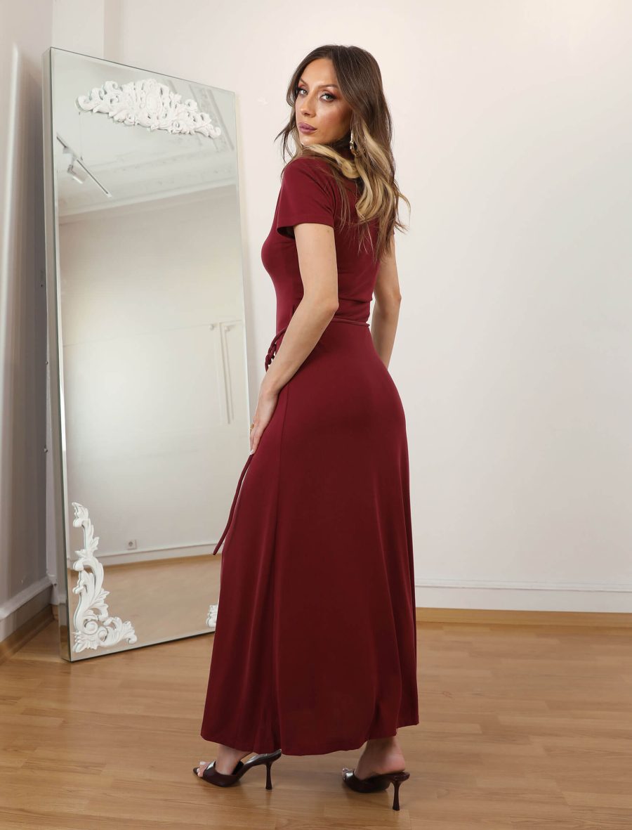 Bordo Kordon Kuşak Elbise - Image 5