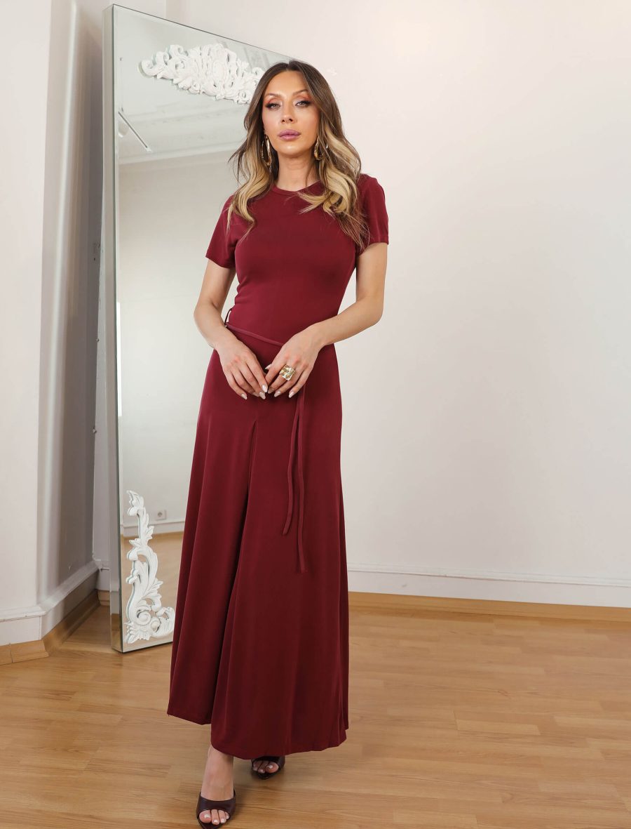 Bordo Kordon Kuşak Elbise - Image 2