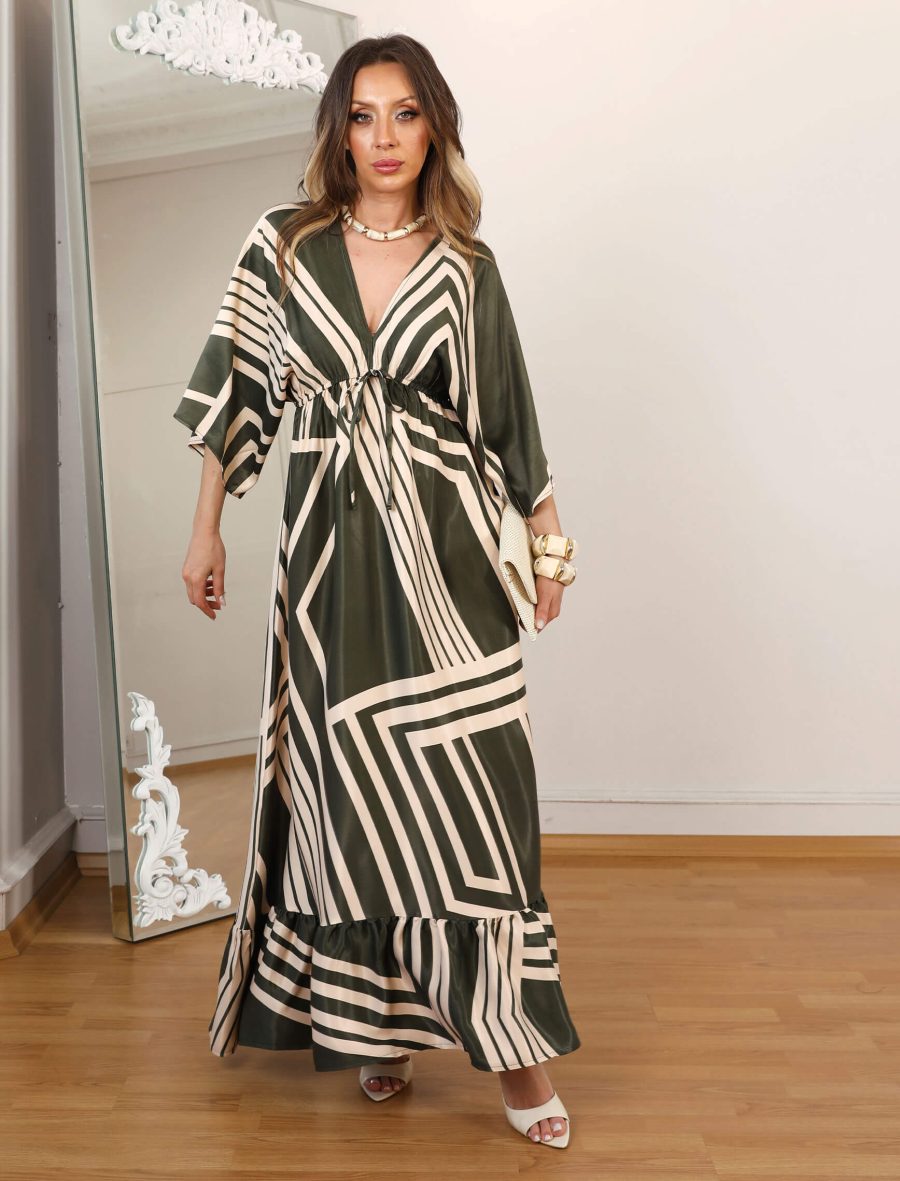 Haki Çizgi Style Saten Elbise - Görsel 3